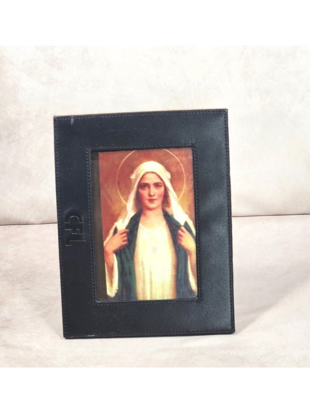 Virgin Mary Photo Picture Black Faux Leather Religious Home Room Decoration